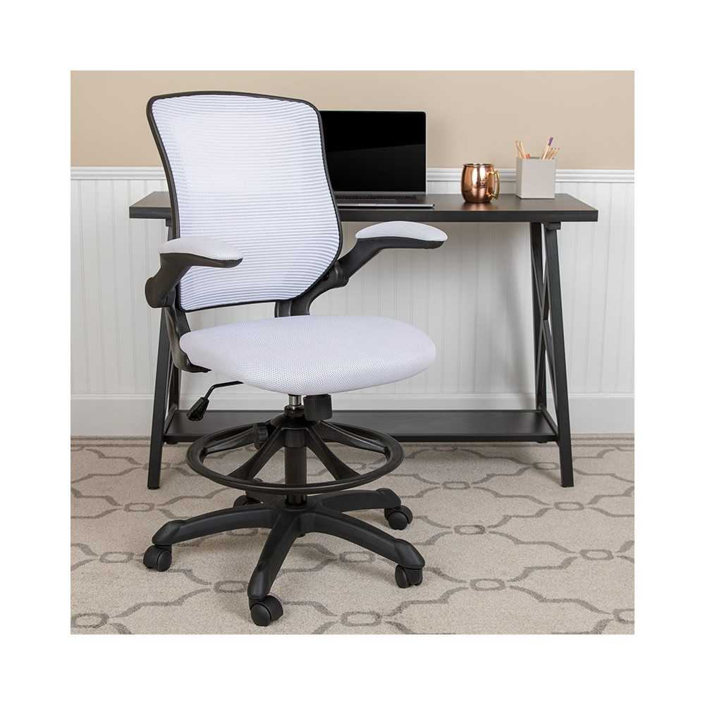 Mid-Back White Mesh Ergonomic Drafting Chair with Adjustable Foot Ring and Flip-Up Arms