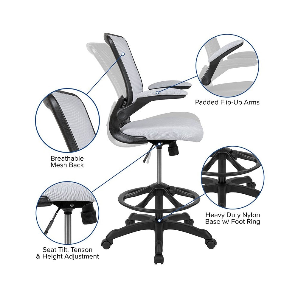 Mid-Back White Mesh Ergonomic Drafting Chair with Adjustable Foot Ring and Flip-Up Arms