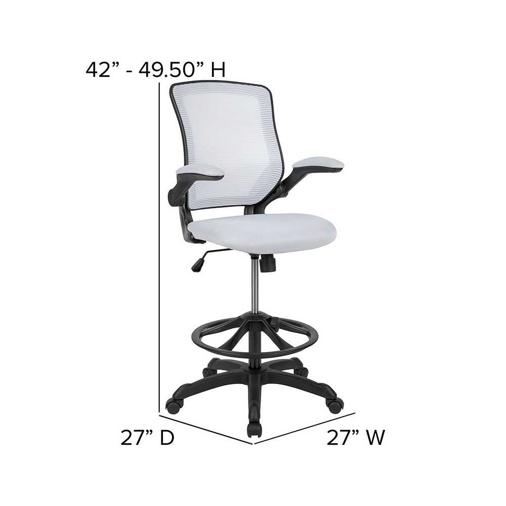 Mid-Back White Mesh Ergonomic Drafting Chair with Adjustable Foot Ring and Flip-Up Arms