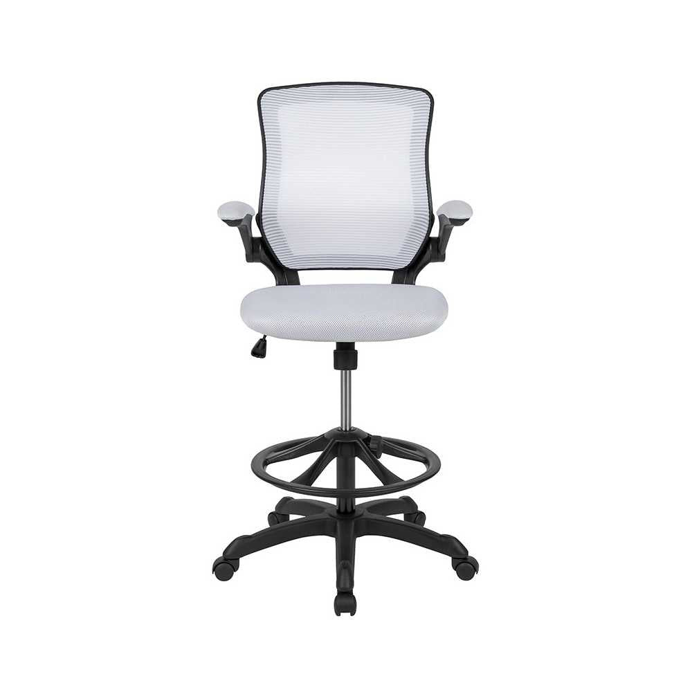 Mid-Back White Mesh Ergonomic Drafting Chair with Adjustable Foot Ring and Flip-Up Arms