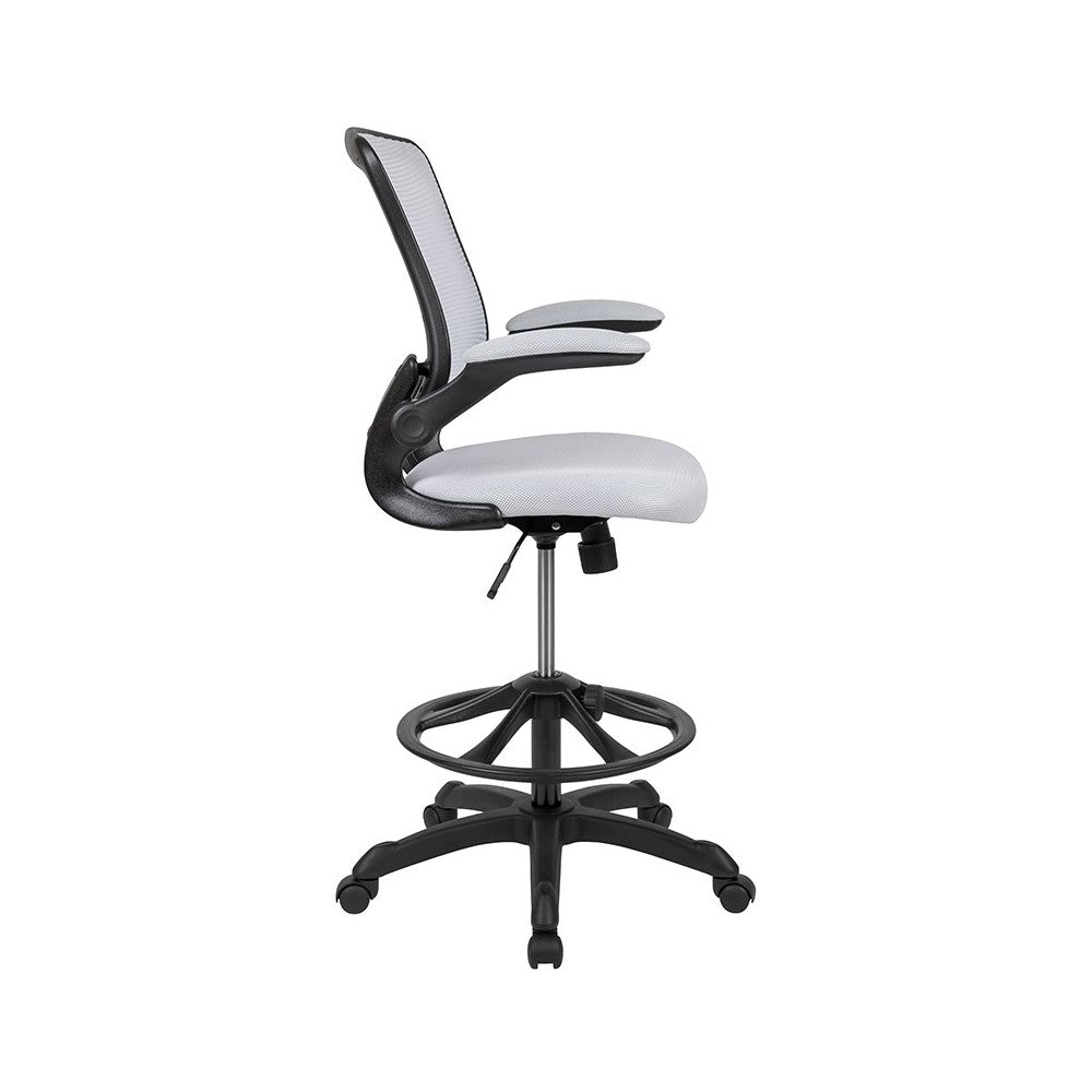 Mid-Back White Mesh Ergonomic Drafting Chair with Adjustable Foot Ring and Flip-Up Arms