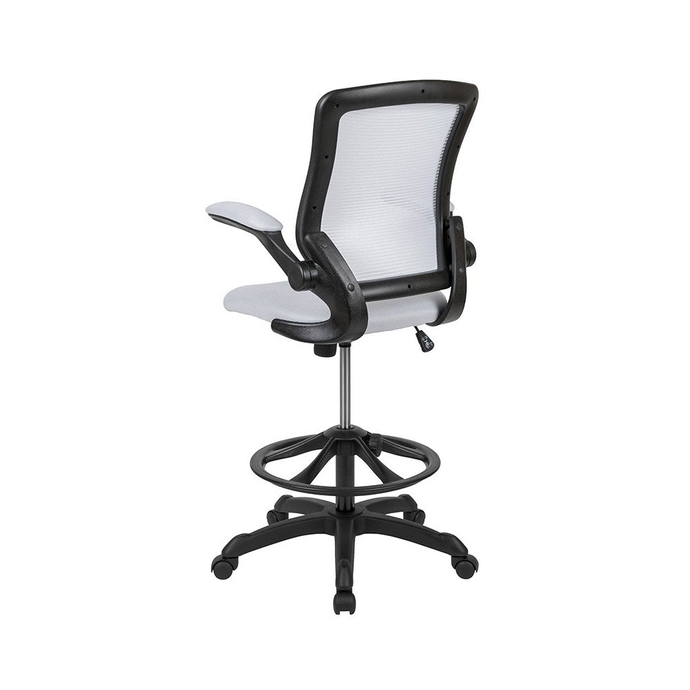 Mid-Back White Mesh Ergonomic Drafting Chair with Adjustable Foot Ring and Flip-Up Arms