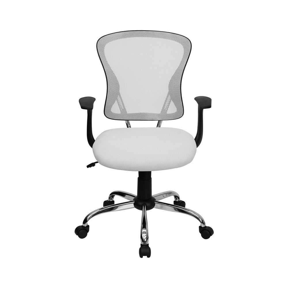 Mid-Back White Mesh Swivel Task Office Chair with Chrome Base and Arms