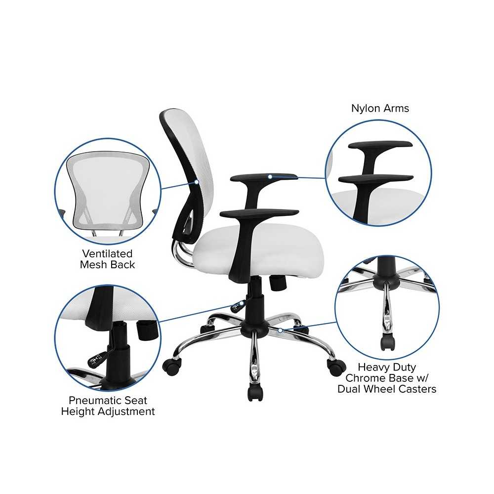 Mid-Back White Mesh Swivel Task Office Chair with Chrome Base and Arms