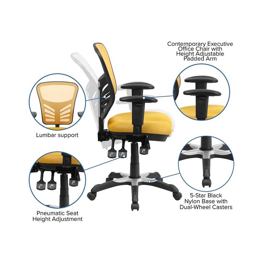 Mid-Back Yellow-Orange Mesh Multifunction Executive Swivel Ergonomic Office Chair with Adjustable Arms