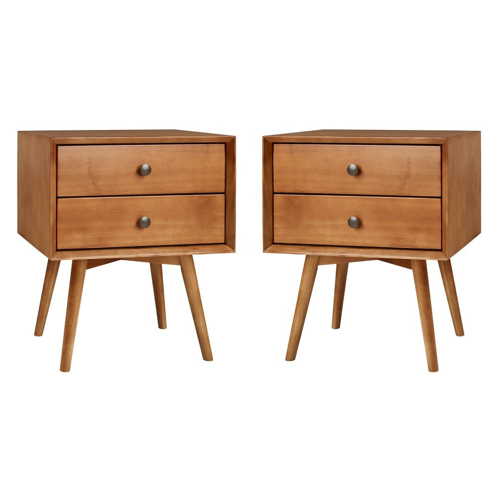 Mid Century Modern 2-Piece 2 Drawer Solid Wood Nightstand Set - Caramel