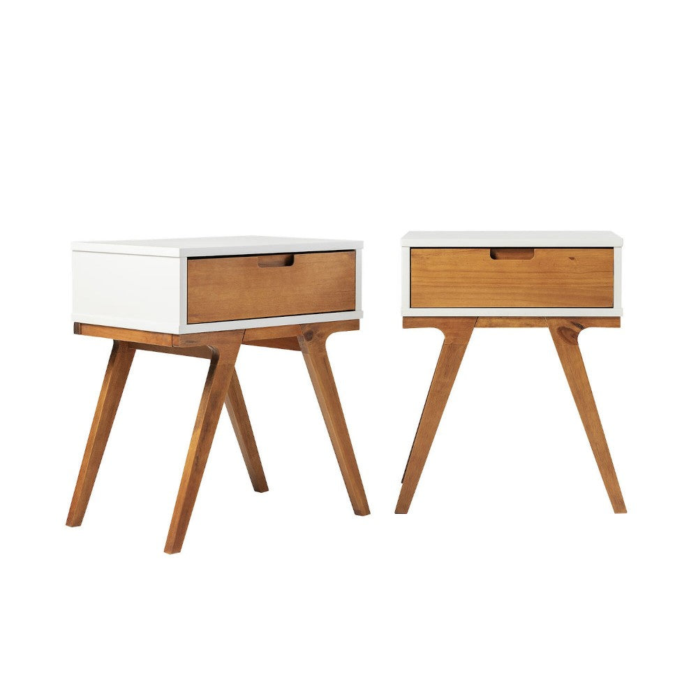 Mid-Century Modern Bridge-Leg Side Table Set - Caramel and White