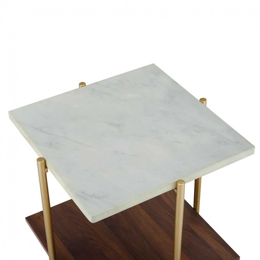 Mid Century Modern Square Side Table - Faux White Marble/Dark Walnut/Gold