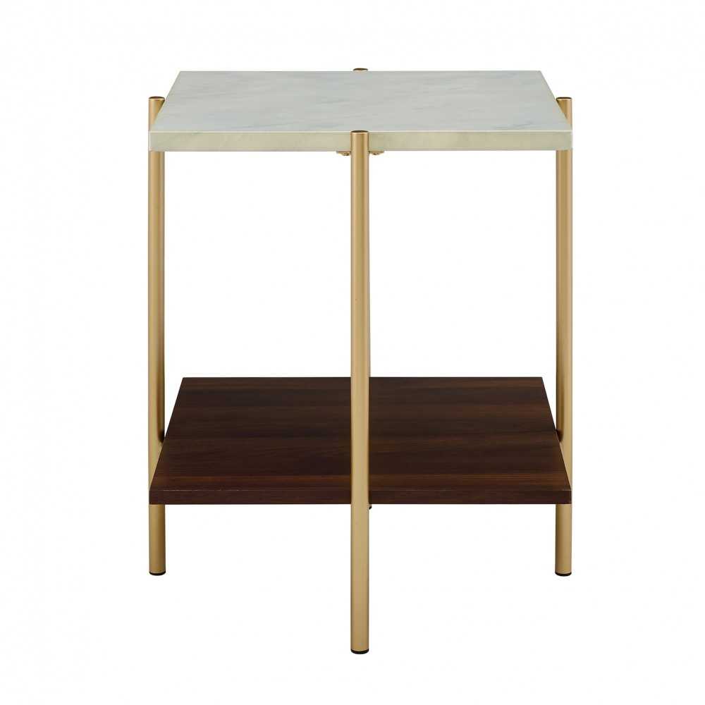 Mid Century Modern Square Side Table - Faux White Marble/Dark Walnut/Gold