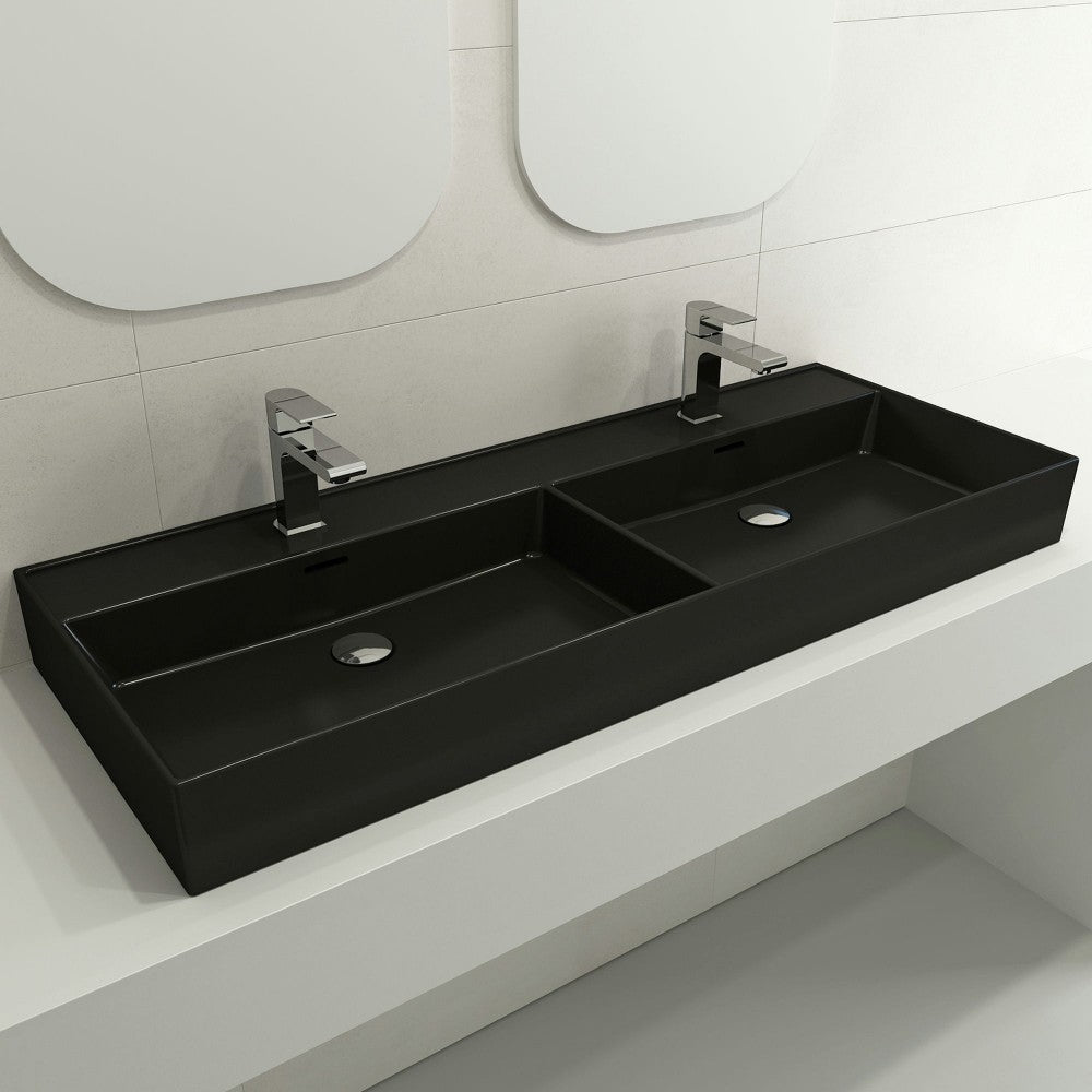 Milano Wall-Mounted Sink Fireclay 47.75 in. Double Bowl in Matte Black