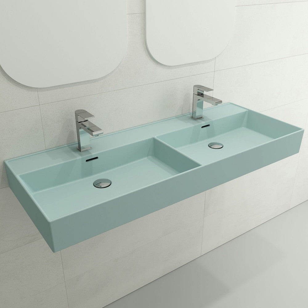 Milano Wall-Mounted Sink Fireclay 47.75 in. Double Bowl in Matte Ice Blue