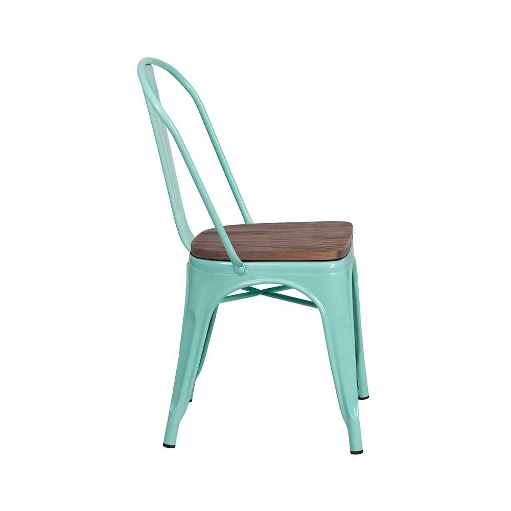 Mint Green Metal Stackable Chair with Wood Seat