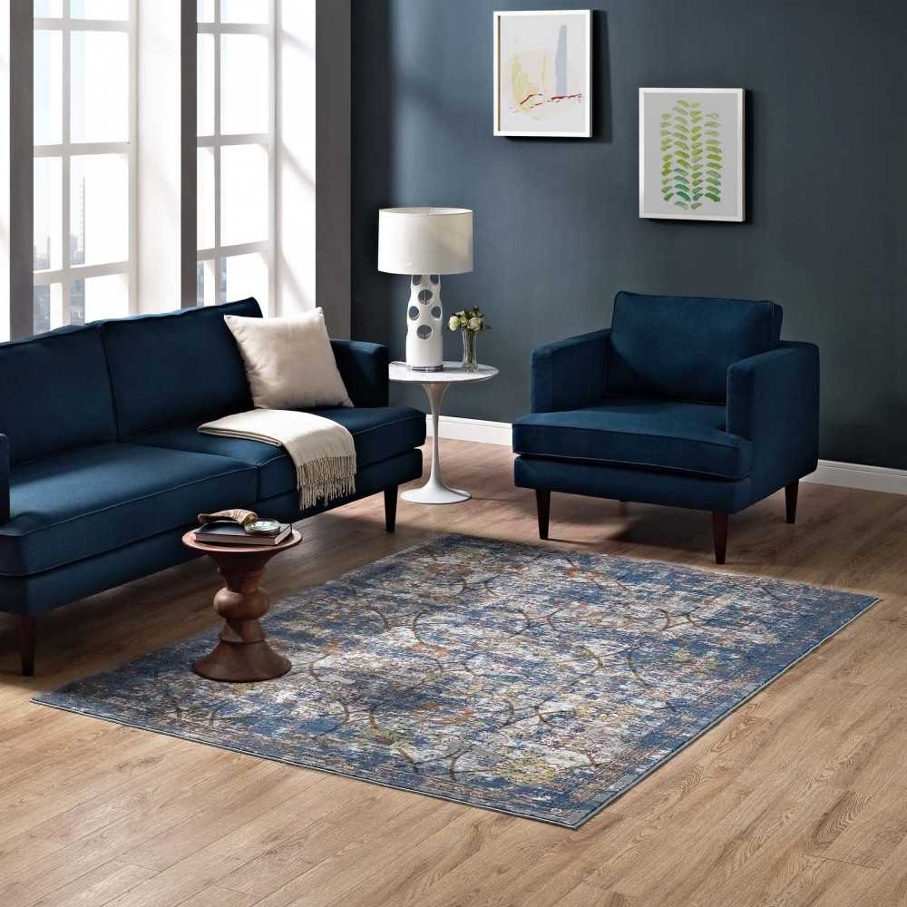 Minu Distressed Floral Lattice 4x6 Area Rug, Blue Gray, Yellow and Orange