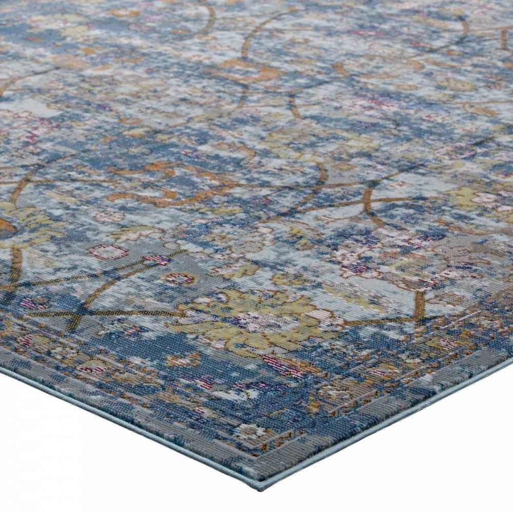 Minu Distressed Floral Lattice 4x6 Area Rug, Blue Gray, Yellow and Orange
