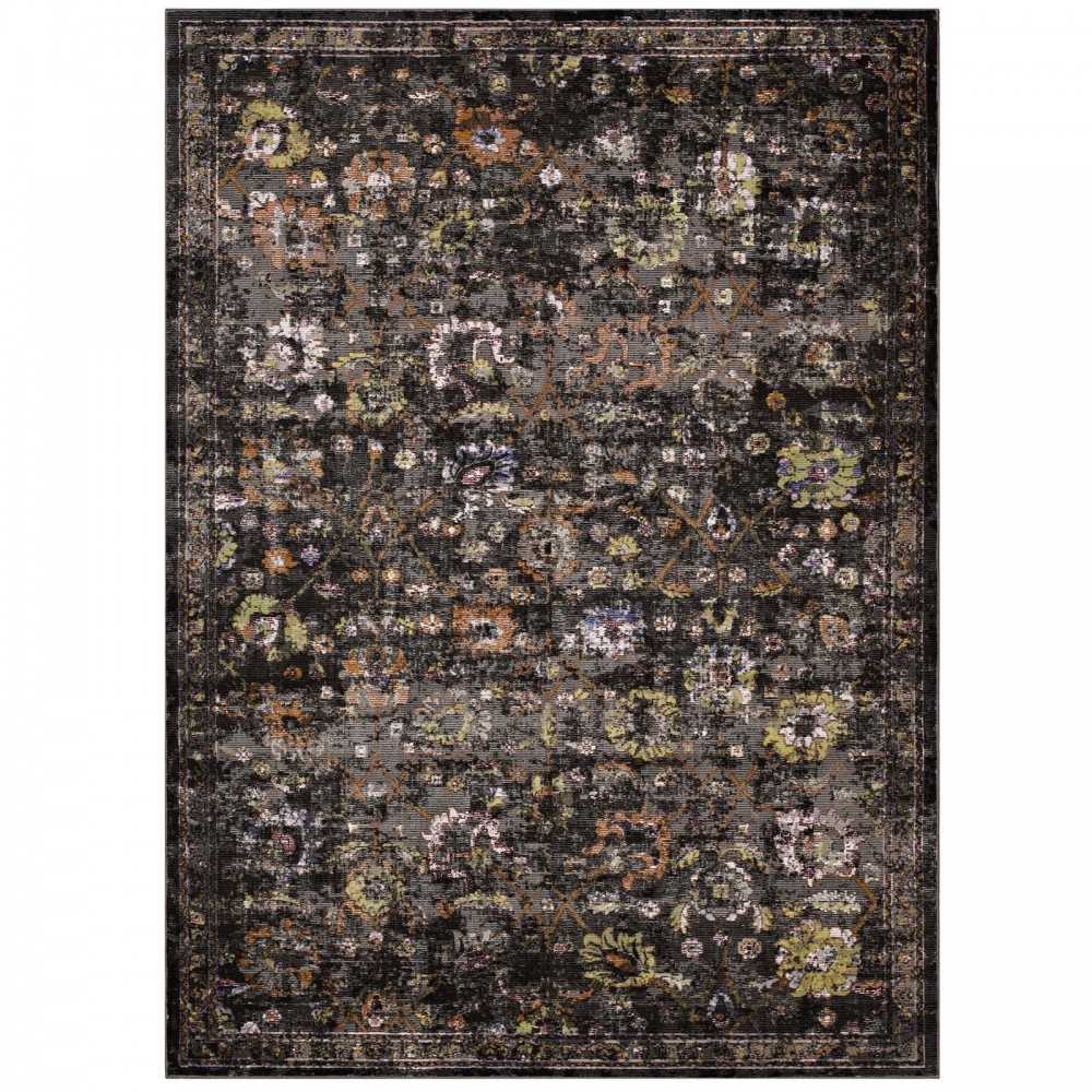 Minu Distressed Floral Lattice 4x6 Area Rug, Black, Yellow and Orange