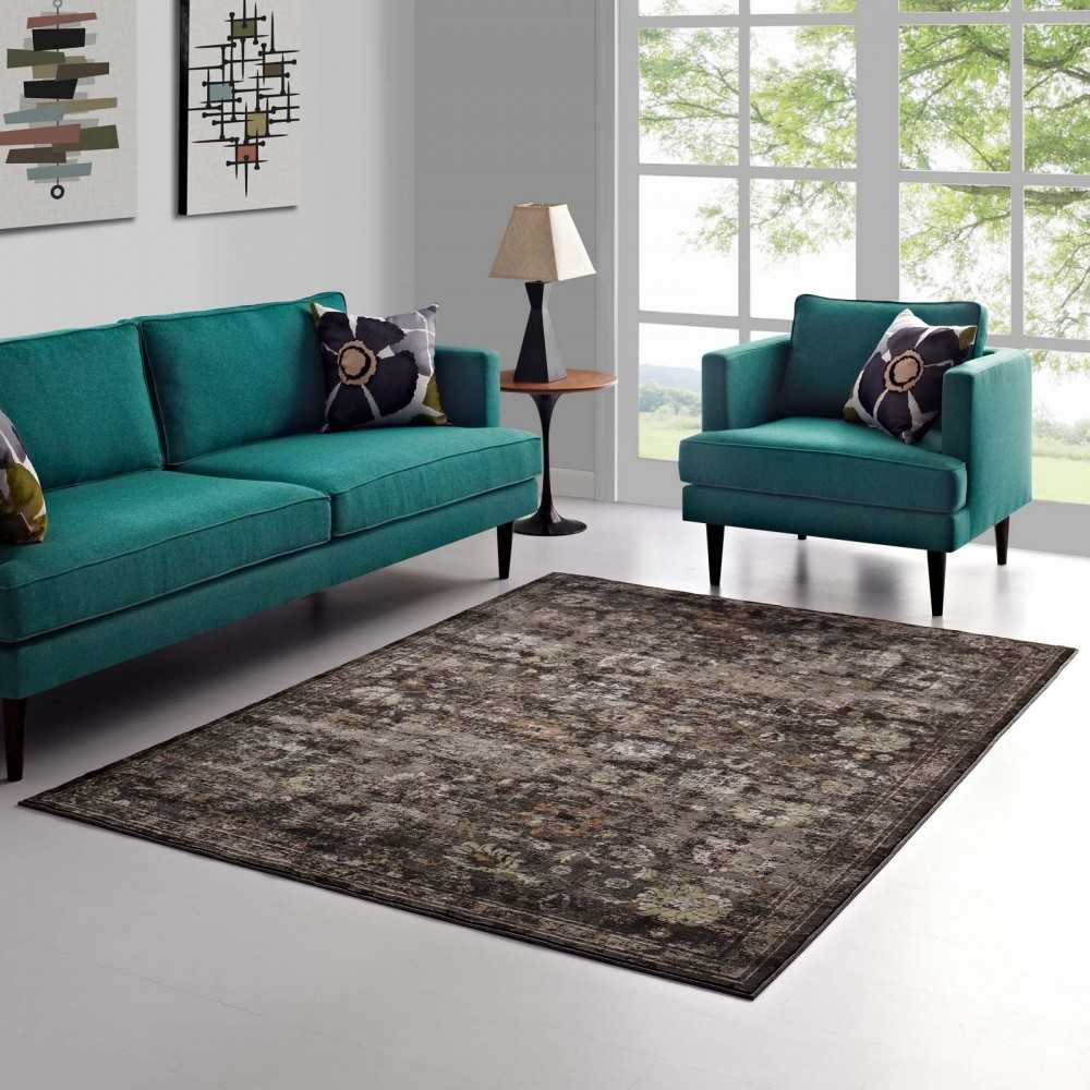 Minu Distressed Floral Lattice 4x6 Area Rug, Black, Yellow and Orange