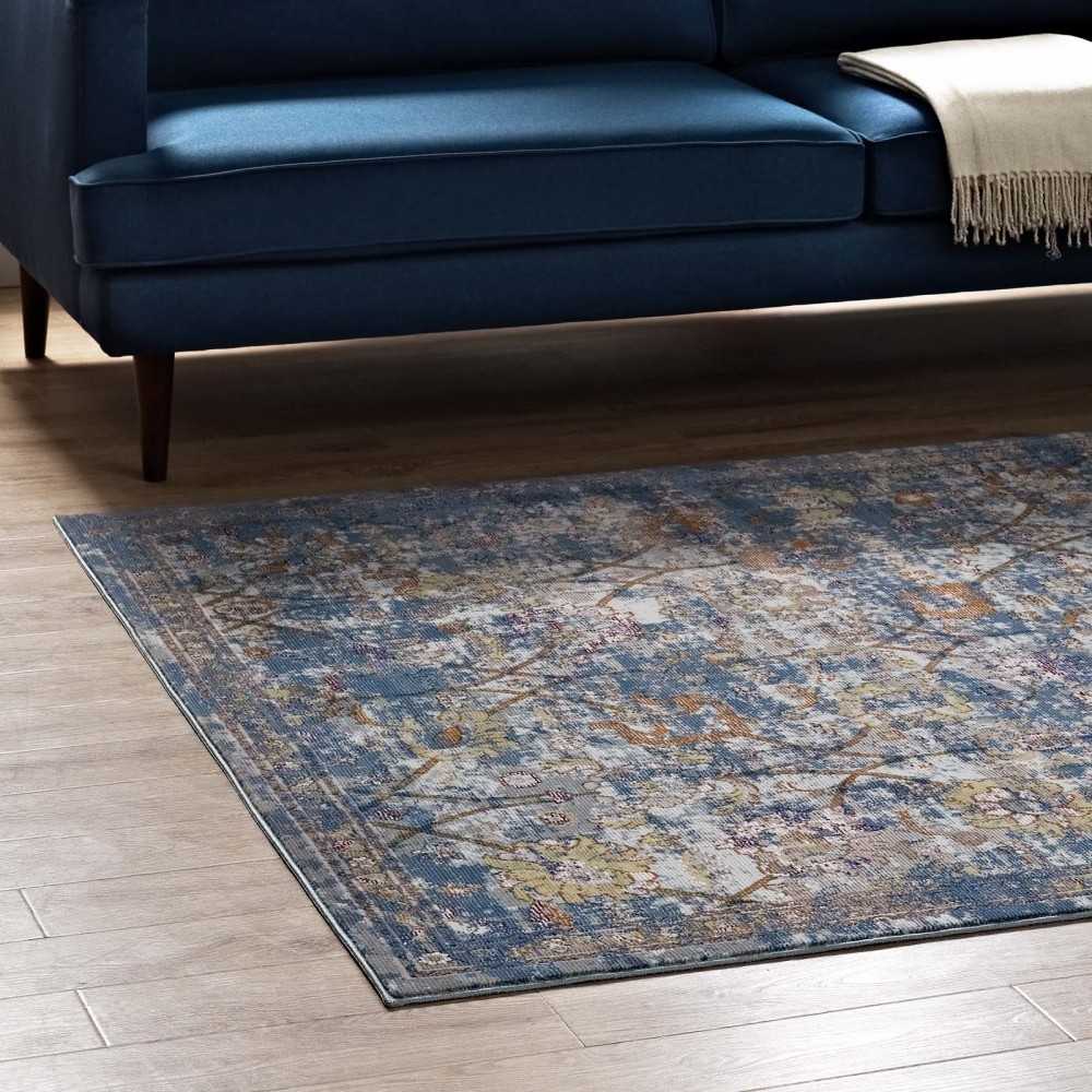 Minu Distressed Floral Lattice 5x8 Area Rug, Blue Gray, Yellow and Orange