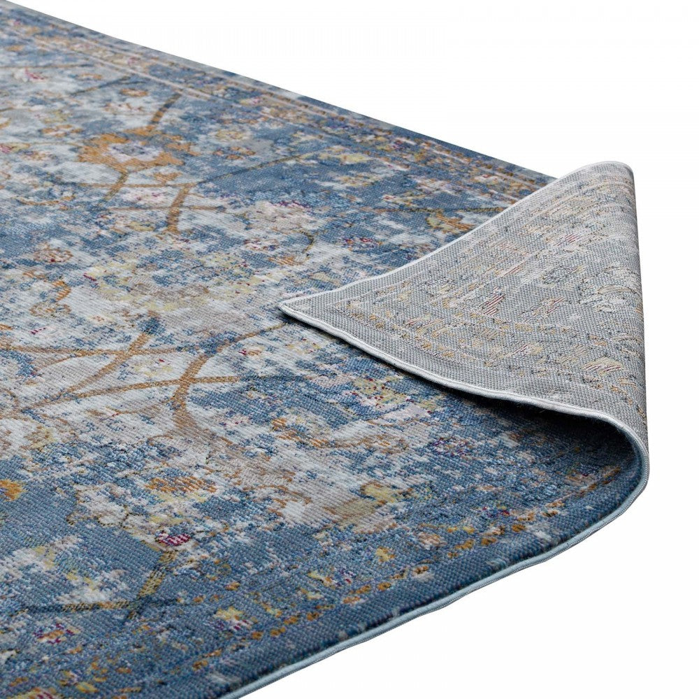 Minu Distressed Floral Lattice 5x8 Area Rug, Blue Gray, Yellow and Orange