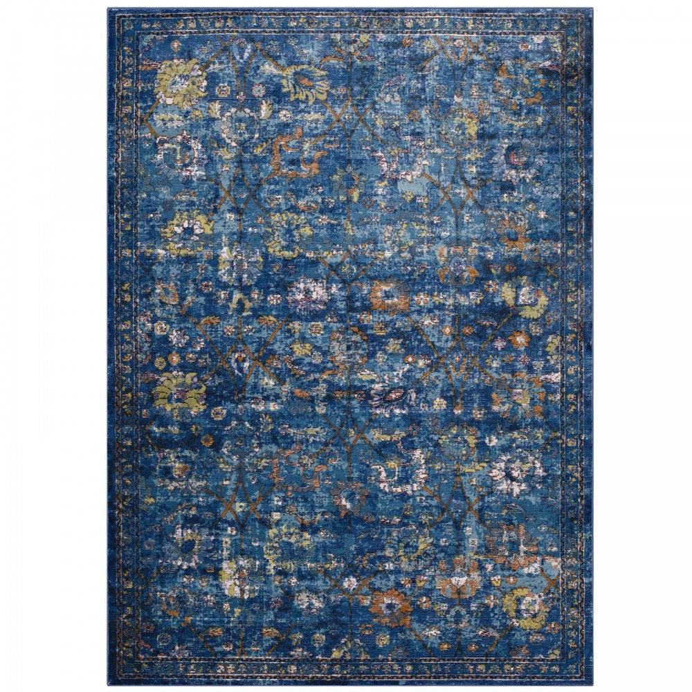 Minu Distressed Floral Lattice 5x8 Area Rug, Dark Blue, Yellow and Orange