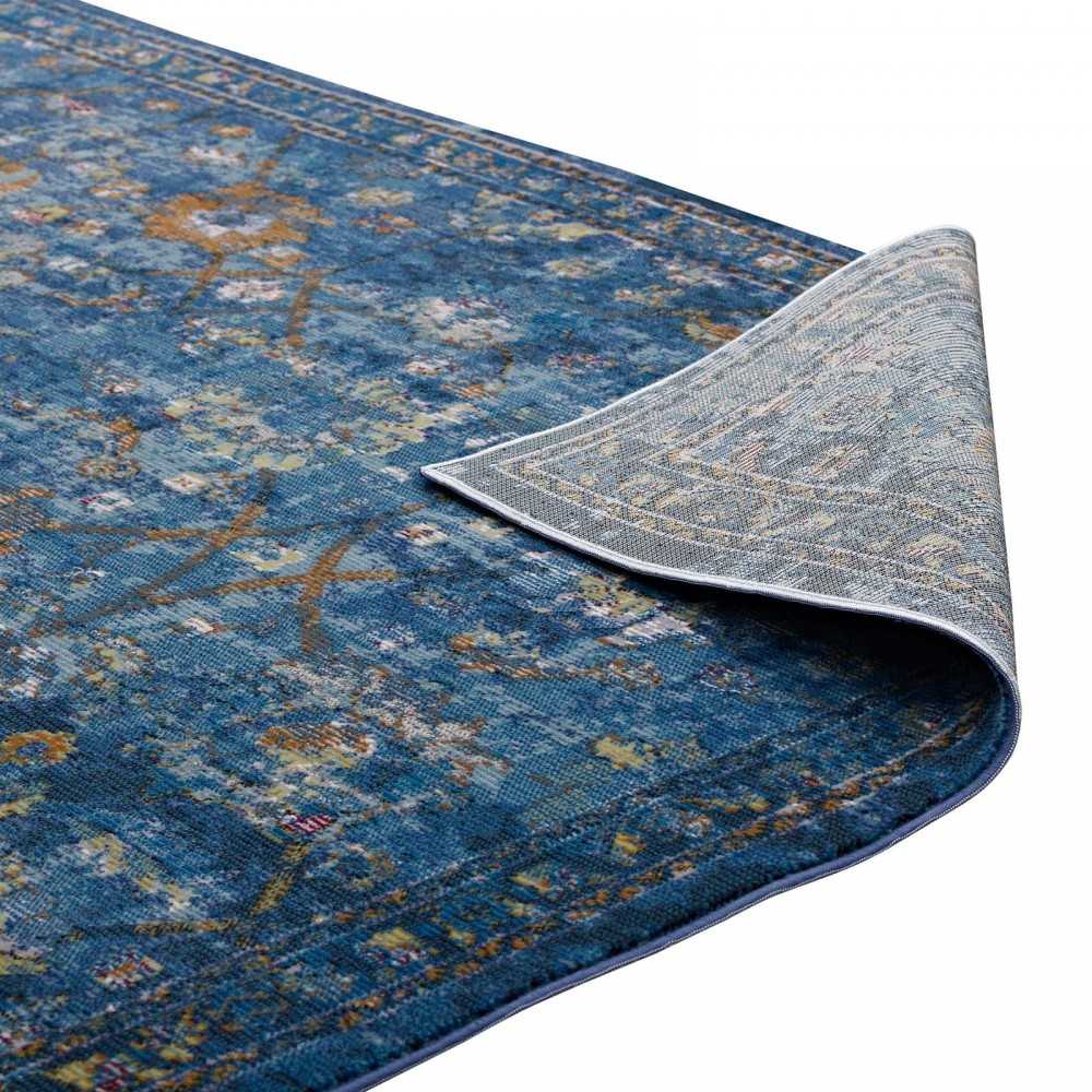 Minu Distressed Floral Lattice 5x8 Area Rug, Dark Blue, Yellow and Orange