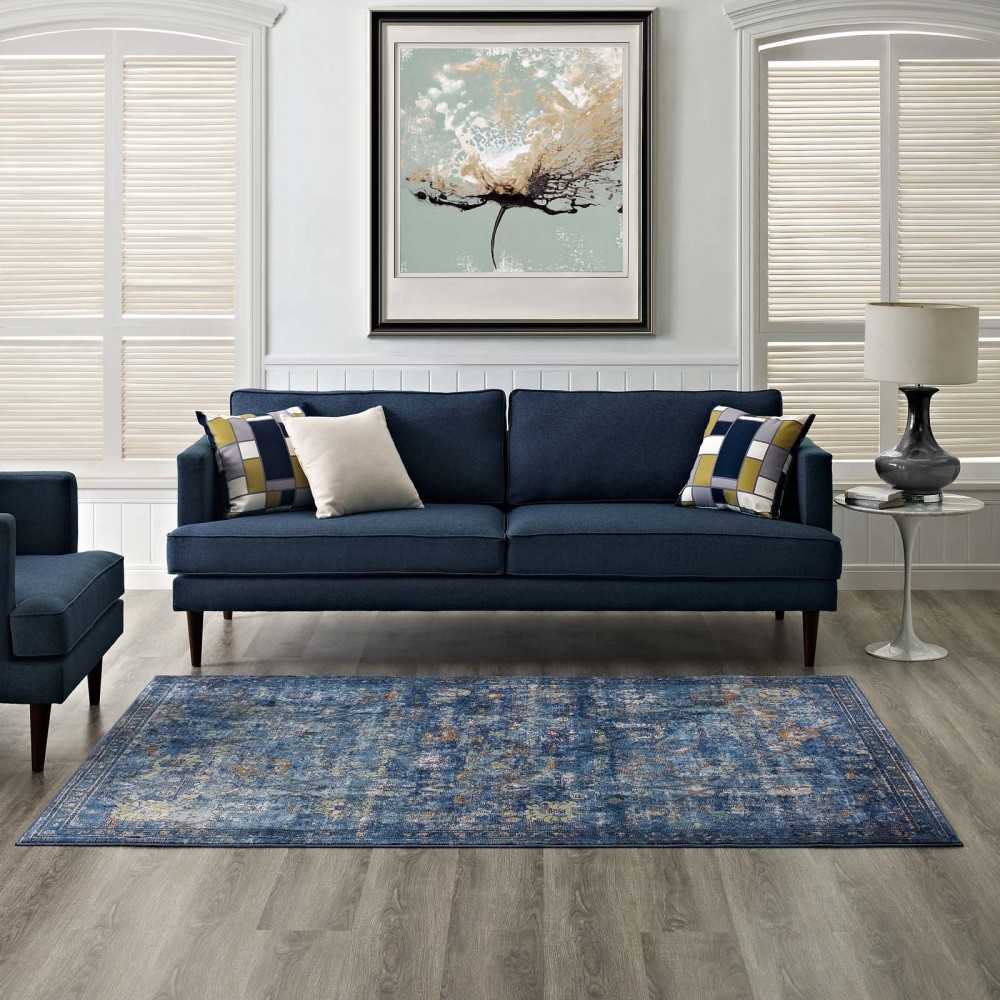 Minu Distressed Floral Lattice 5x8 Area Rug, Dark Blue, Yellow and Orange