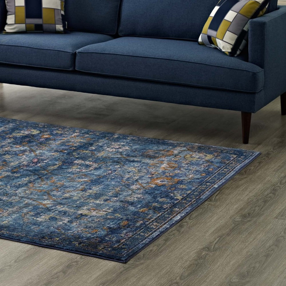 Minu Distressed Floral Lattice 5x8 Area Rug, Dark Blue, Yellow and Orange