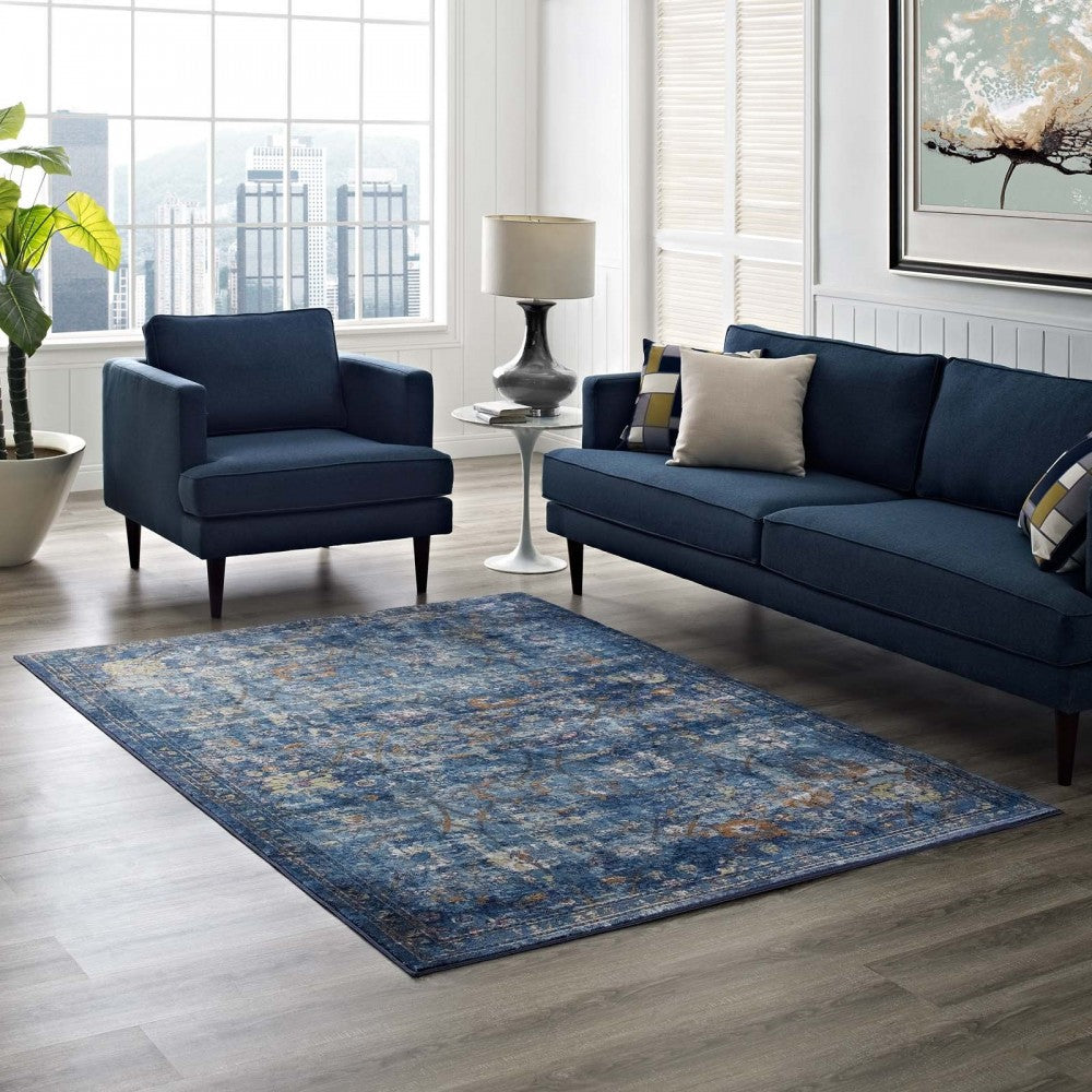 Minu Distressed Floral Lattice 5x8 Area Rug, Dark Blue, Yellow and Orange