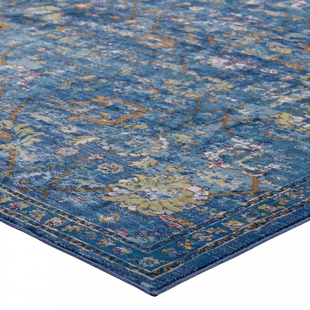 Minu Distressed Floral Lattice 5x8 Area Rug, Dark Blue, Yellow and Orange