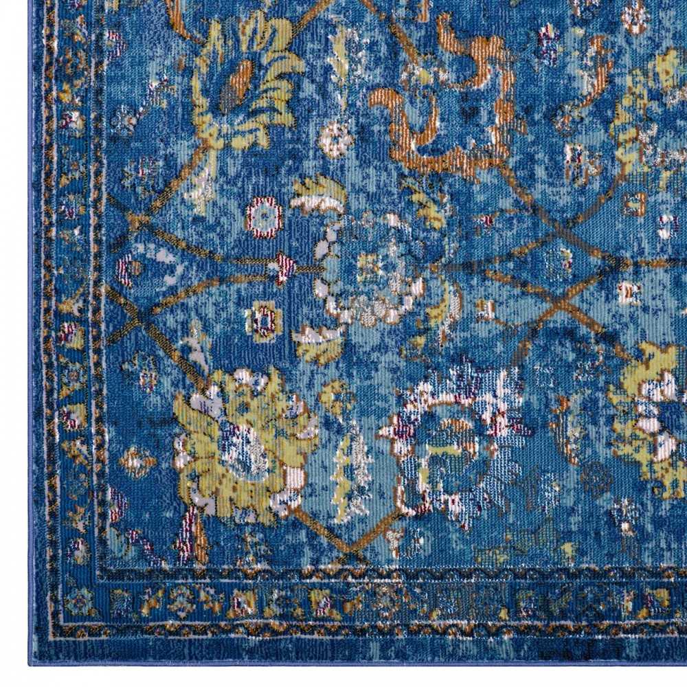 Minu Distressed Floral Lattice 5x8 Area Rug, Dark Blue, Yellow and Orange
