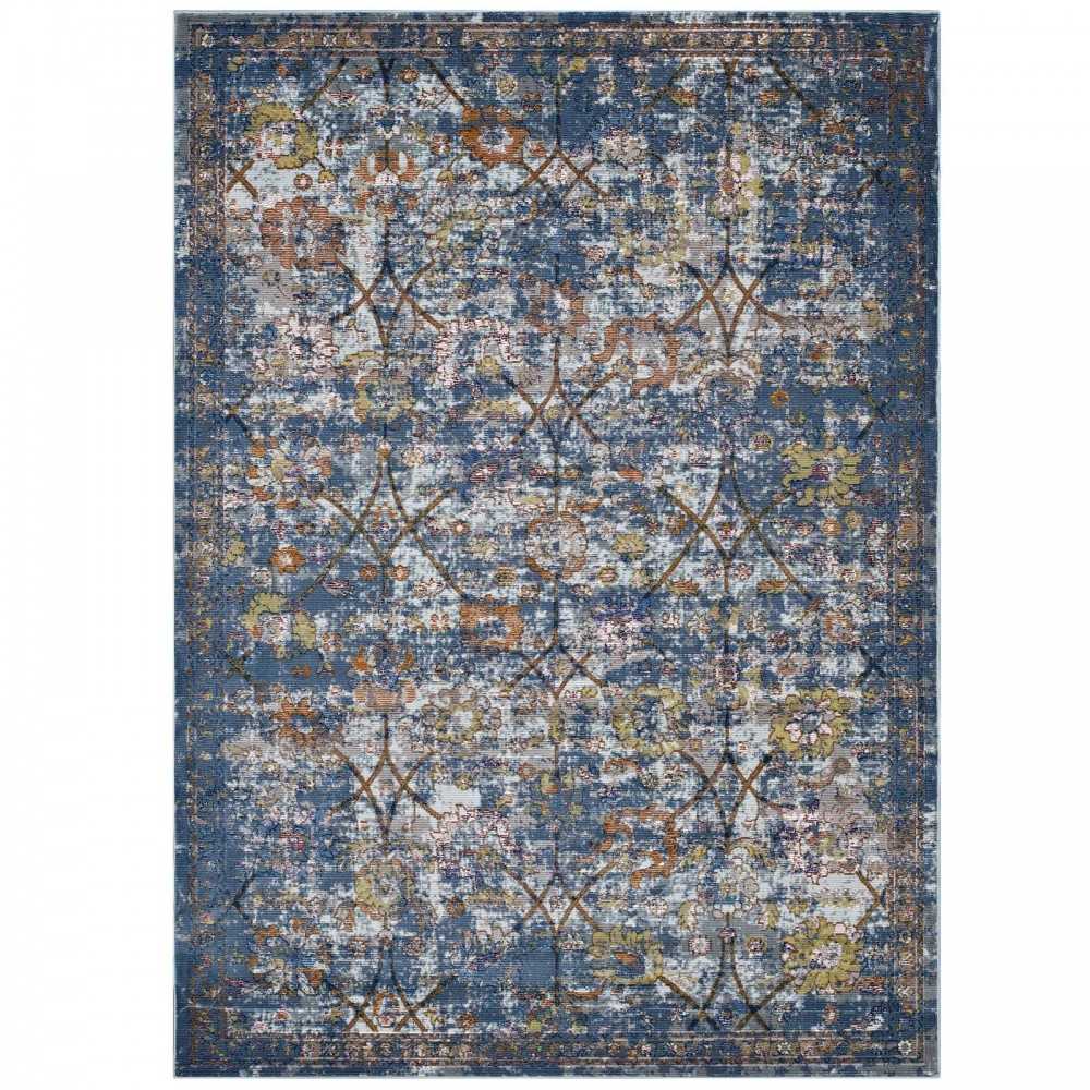 Minu Distressed Floral Lattice 8x10 Area Rug, Blue Gray, Yellow and Orange