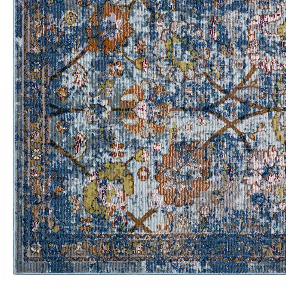 Minu Distressed Floral Lattice 8x10 Area Rug, Blue Gray, Yellow and Orange