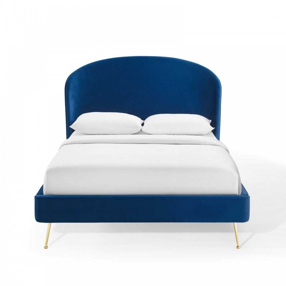 Mira Upholstered Performance Velvet Queen Platform Bed, Navy