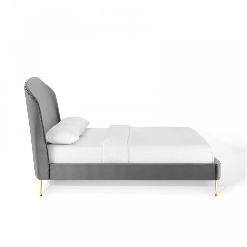 Mira Upholstered Performance Velvet Queen Platform Bed, Gray