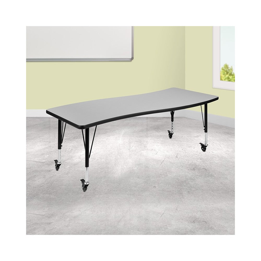 Mobile 26"W x 60"L Rectangular Wave Collaborative Gray Thermal Laminate Activity Table - Height Adjustable Short Legs