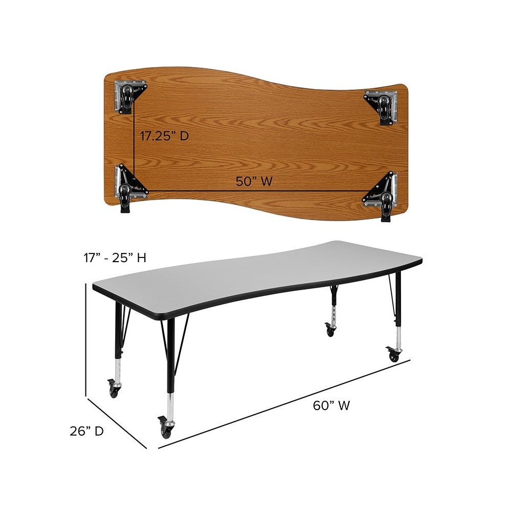 Mobile 26"W x 60"L Rectangular Wave Collaborative Gray Thermal Laminate Activity Table - Height Adjustable Short Legs