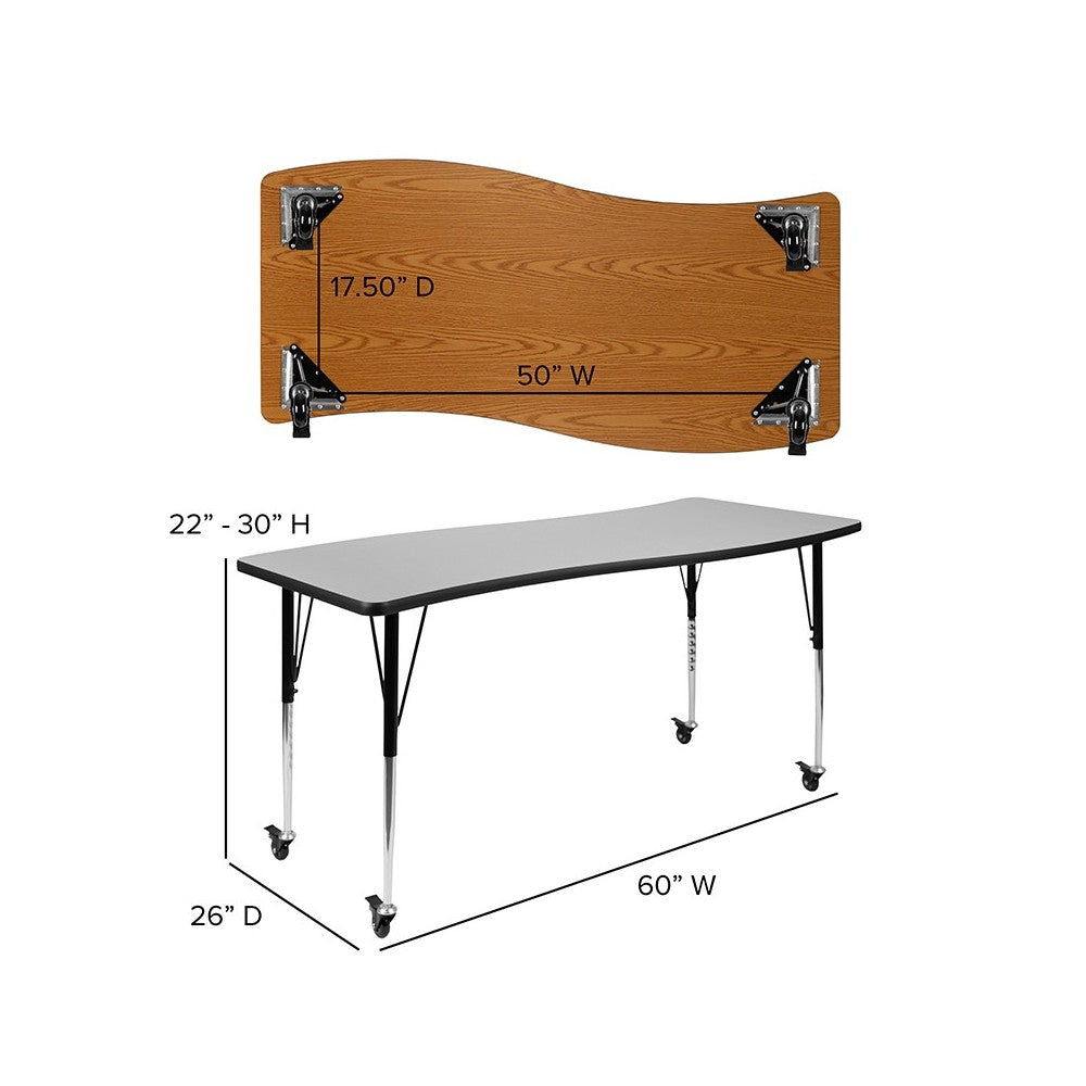 Mobile 26"W x 60"L Rectangular Wave Collaborative Gray Thermal Laminate Activity Table - Standard Height Adjustable Legs