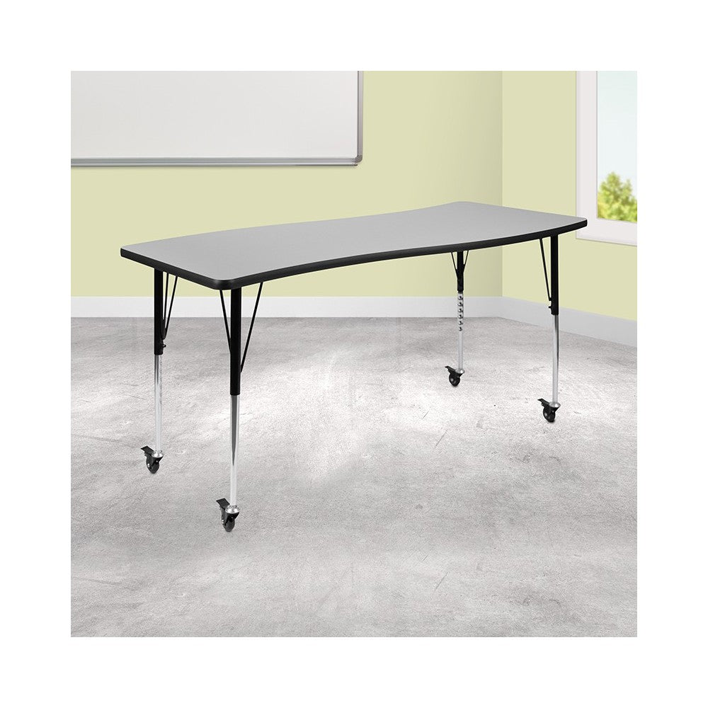 Mobile 26"W x 60"L Rectangular Wave Collaborative Gray Thermal Laminate Activity Table - Standard Height Adjustable Legs