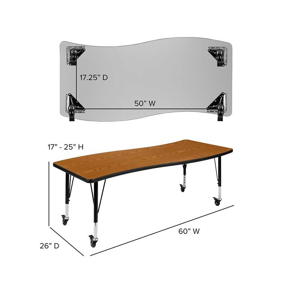 Mobile 26"W x 60"L Rectangular Wave Collaborative Oak Thermal Laminate Activity Table - Height Adjustable Short Legs