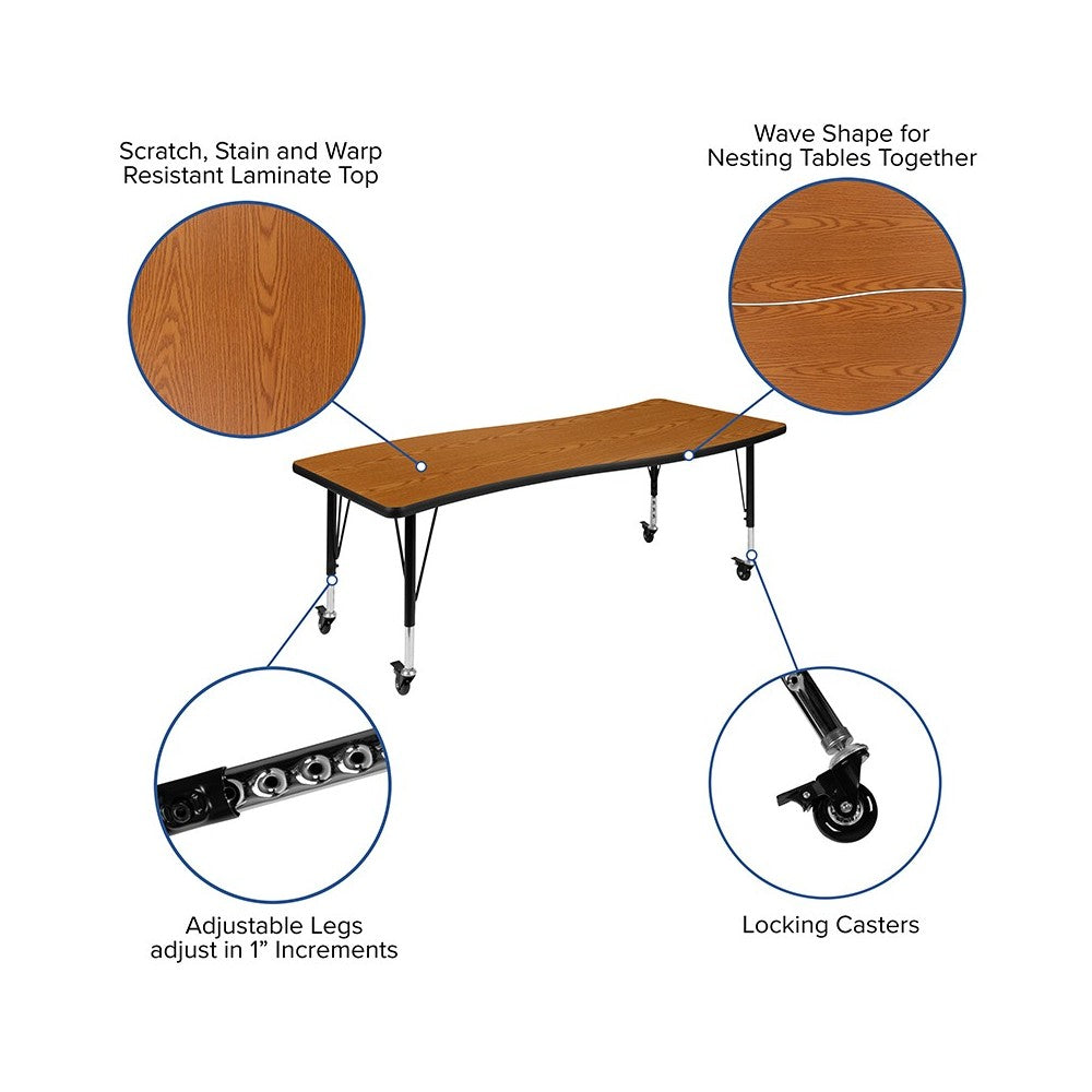 Mobile 26"W x 60"L Rectangular Wave Collaborative Oak Thermal Laminate Activity Table - Height Adjustable Short Legs