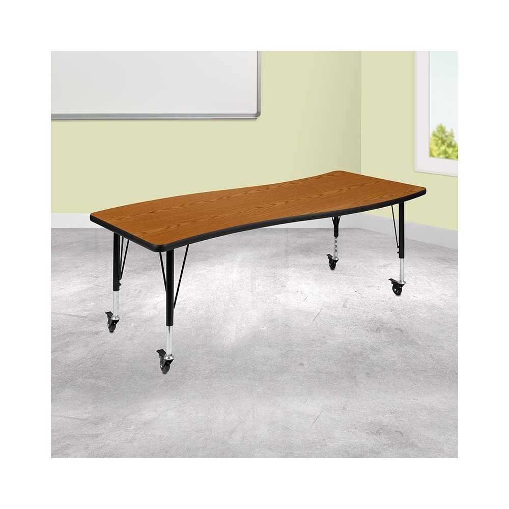 Mobile 26"W x 60"L Rectangular Wave Collaborative Oak Thermal Laminate Activity Table - Height Adjustable Short Legs