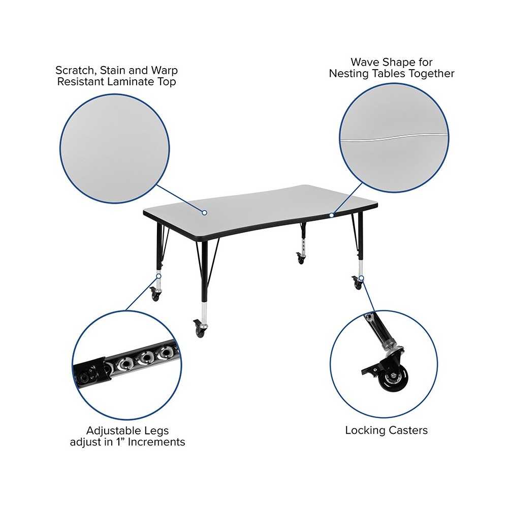 Mobile 28"W x 47.5"L Rectangular Wave Collaborative Gray Thermal Laminate Activity Table - Height Adjustable Short Legs