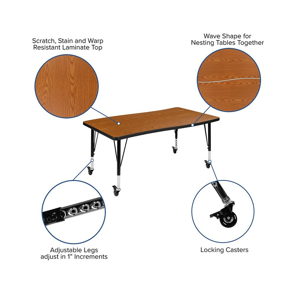 Mobile 28"W x 47.5"L Rectangular Wave Collaborative Oak Thermal Laminate Activity Table - Height Adjustable Short Legs