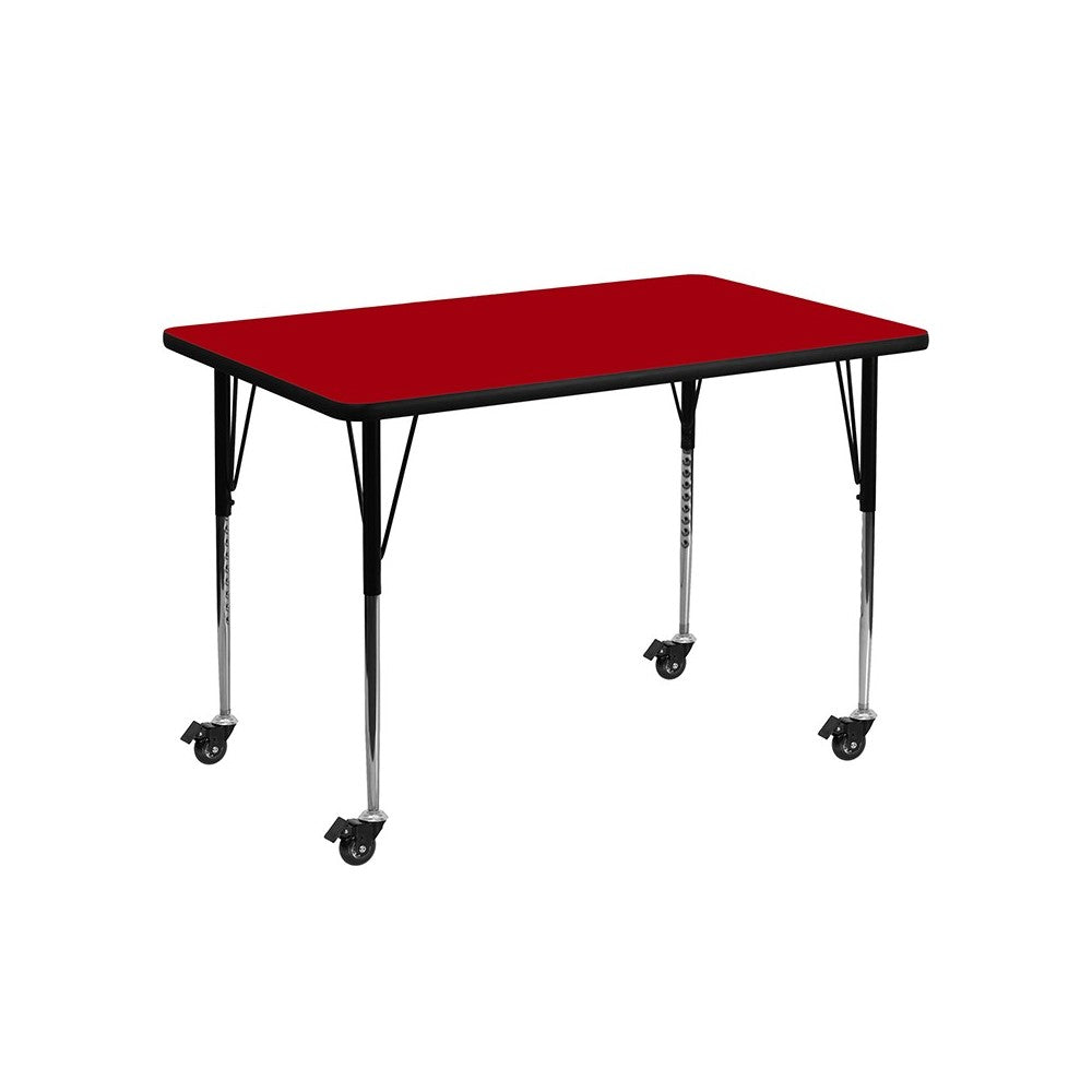 Mobile 30''W x 48''L Rectangular Red Thermal Laminate Activity Table - Standard Height Adjustable Legs