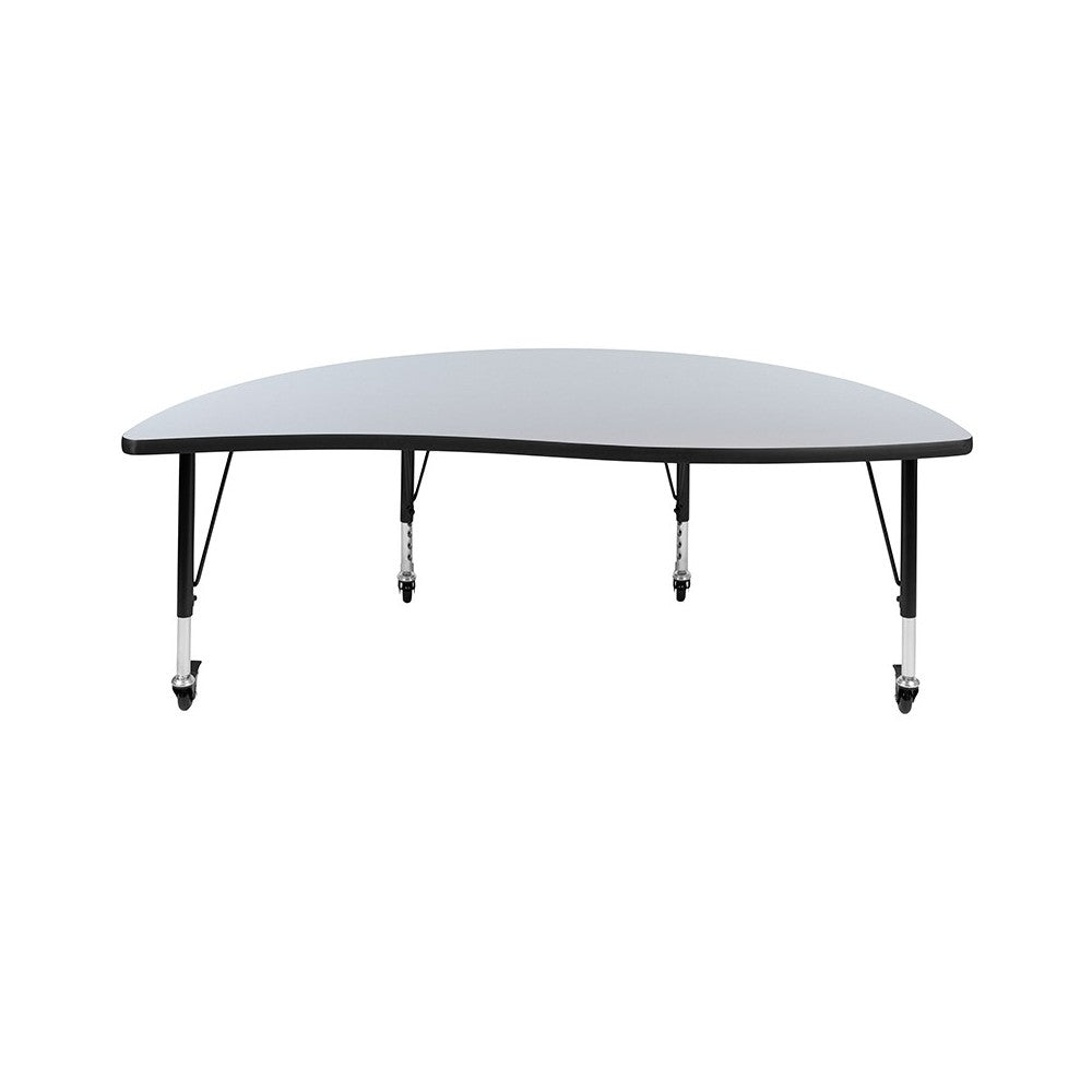 Mobile 60" Half Circle Wave Collaborative Gray Thermal Laminate Activity Table - Height Adjustable Short Legs