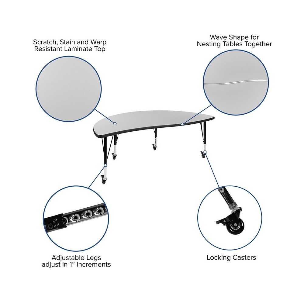 Mobile 60" Half Circle Wave Collaborative Gray Thermal Laminate Activity Table - Height Adjustable Short Legs