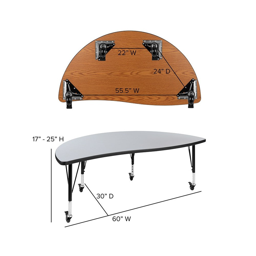 Mobile 60" Half Circle Wave Collaborative Gray Thermal Laminate Activity Table - Height Adjustable Short Legs