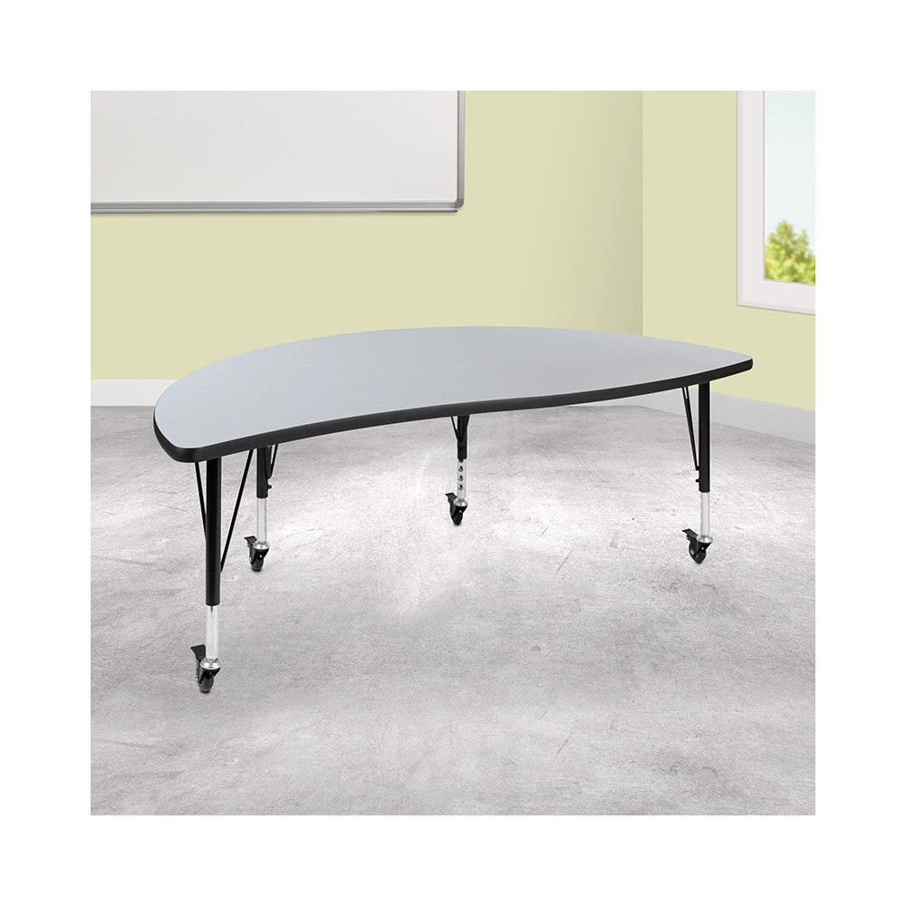 Mobile 60" Half Circle Wave Collaborative Gray Thermal Laminate Activity Table - Height Adjustable Short Legs