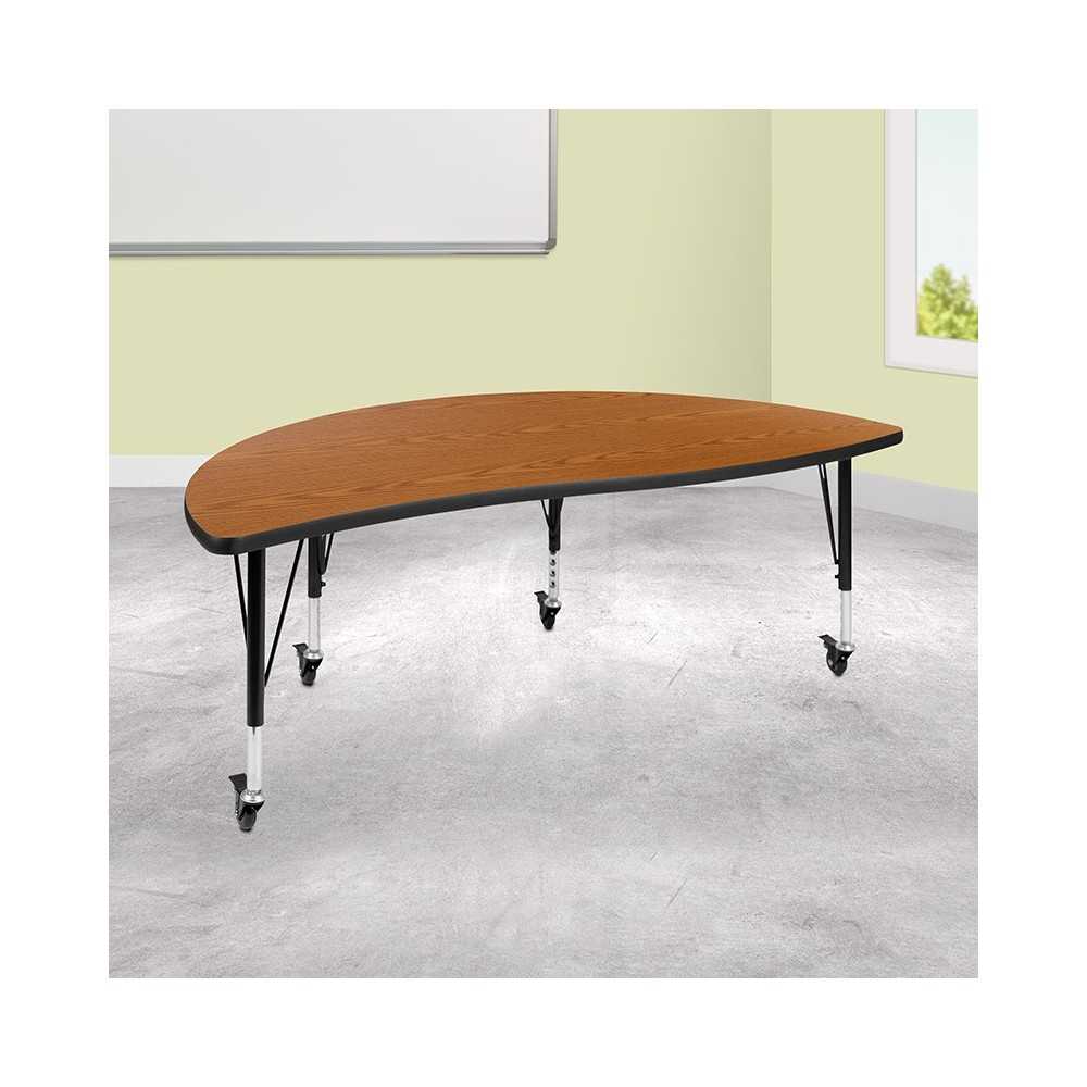 Mobile 60" Half Circle Wave Collaborative Oak Thermal Laminate Activity Table - Height Adjustable Short Legs
