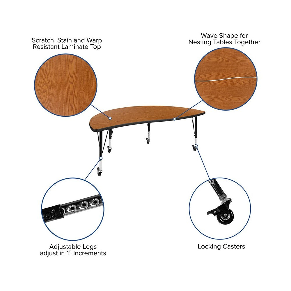 Mobile 60" Half Circle Wave Collaborative Oak Thermal Laminate Activity Table - Height Adjustable Short Legs