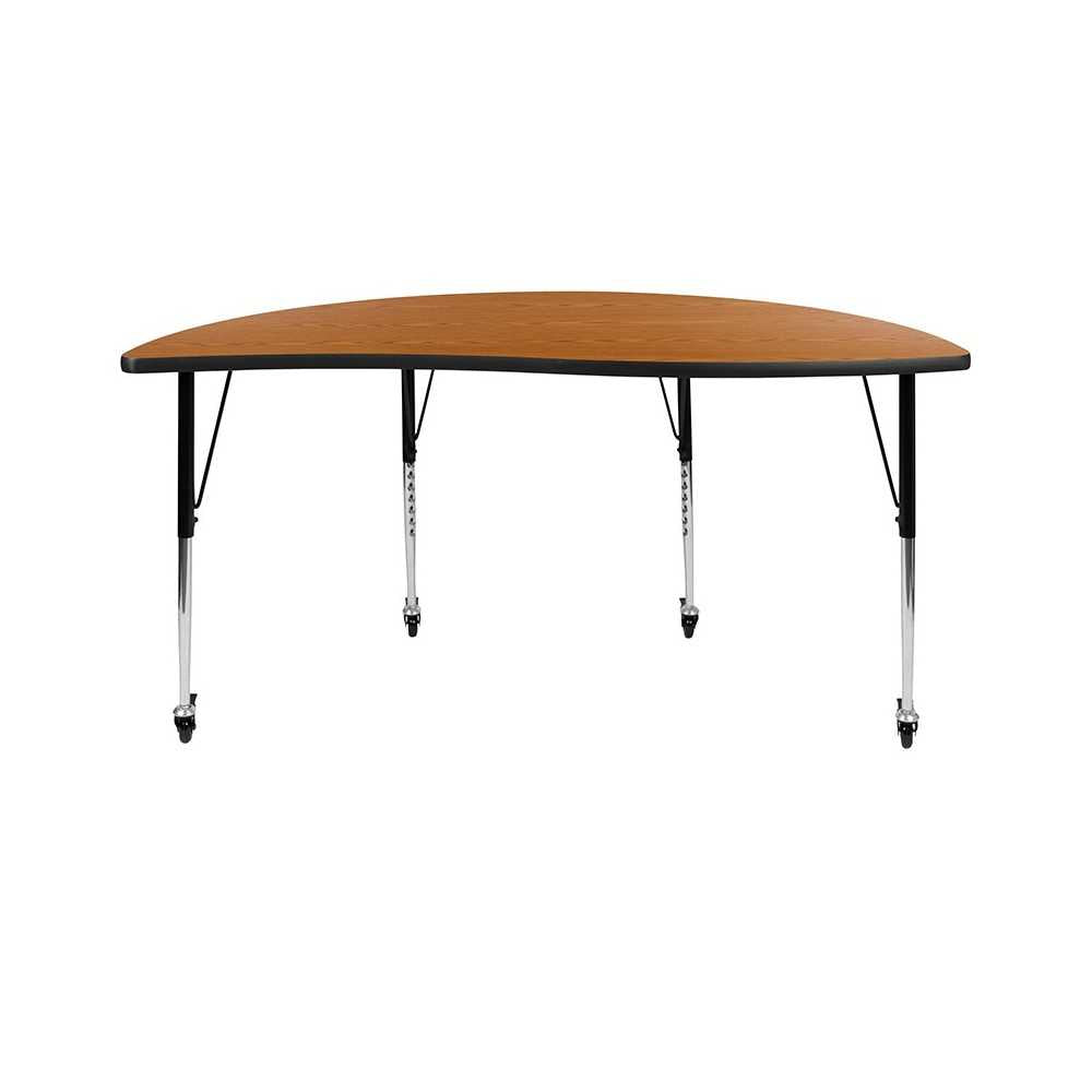 Mobile 60" Half Circle Wave Collaborative Oak Thermal Laminate Activity Table - Standard Height Adjustable Legs